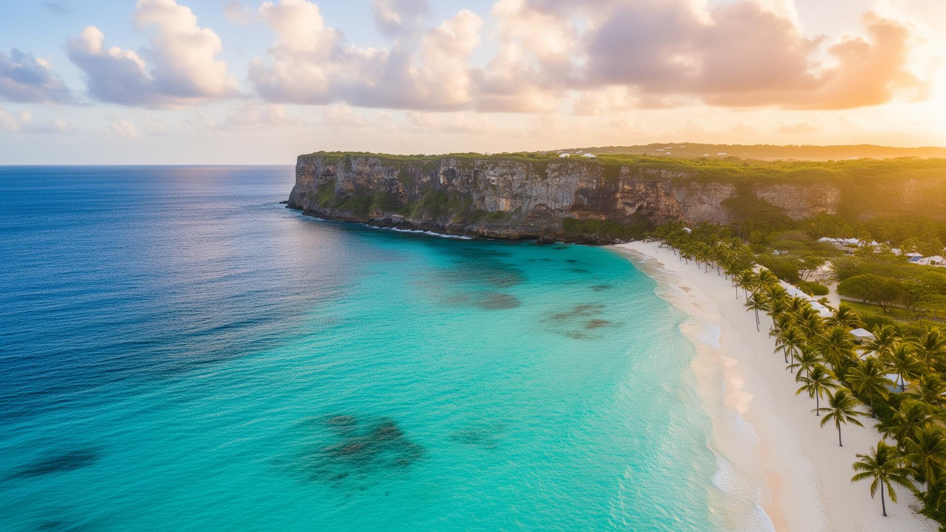 Aerial view of turquoise Caribbean coastline at golden hour — Barbados