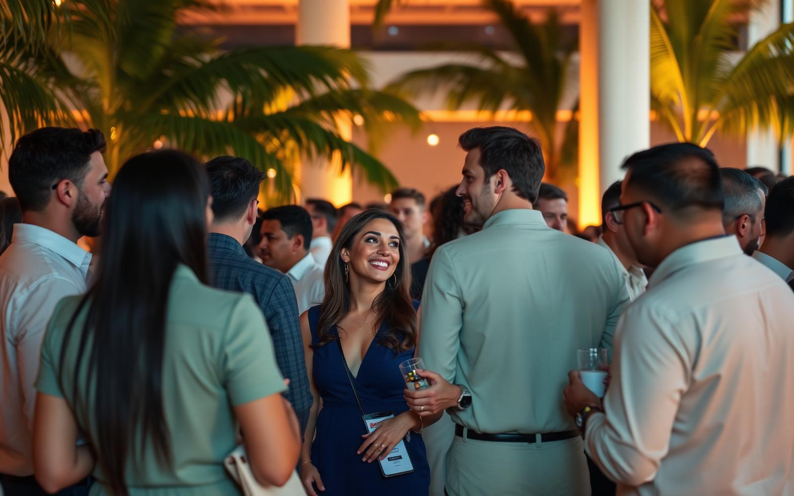 Conference attendees networking at a tropical reception